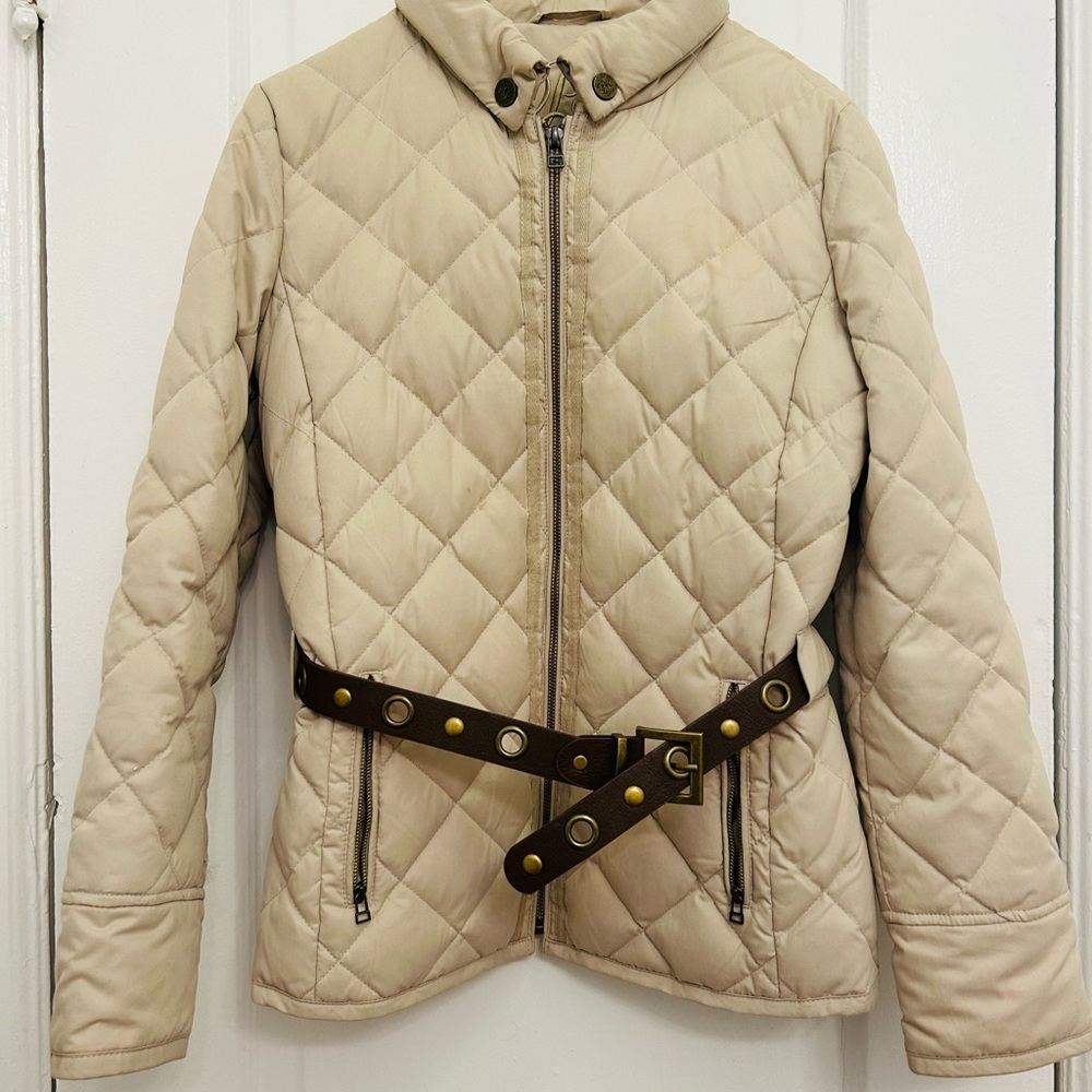 Diamond-Quilted Belted Puffer Jacket in Cream
